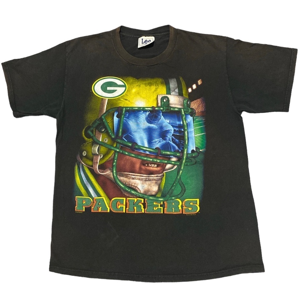 VINTAGE NFL GREEN BAY PACKERS Lee Sport Black Graphic T Shirt in Large